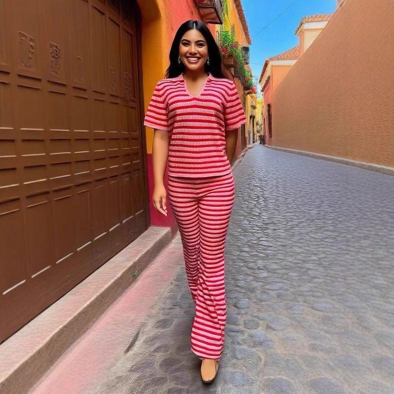 Western Style New Fashion Casual Stripe Top Trousers Set Striped Top and Pants Set