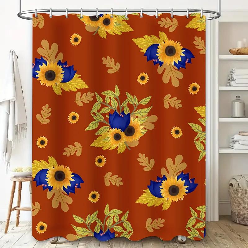 Modern Bathroom Shower Curtain with Autumn Leaves Sunflowers Print Design Waterproof Fabric for Bath Decorations in Multiple Siz