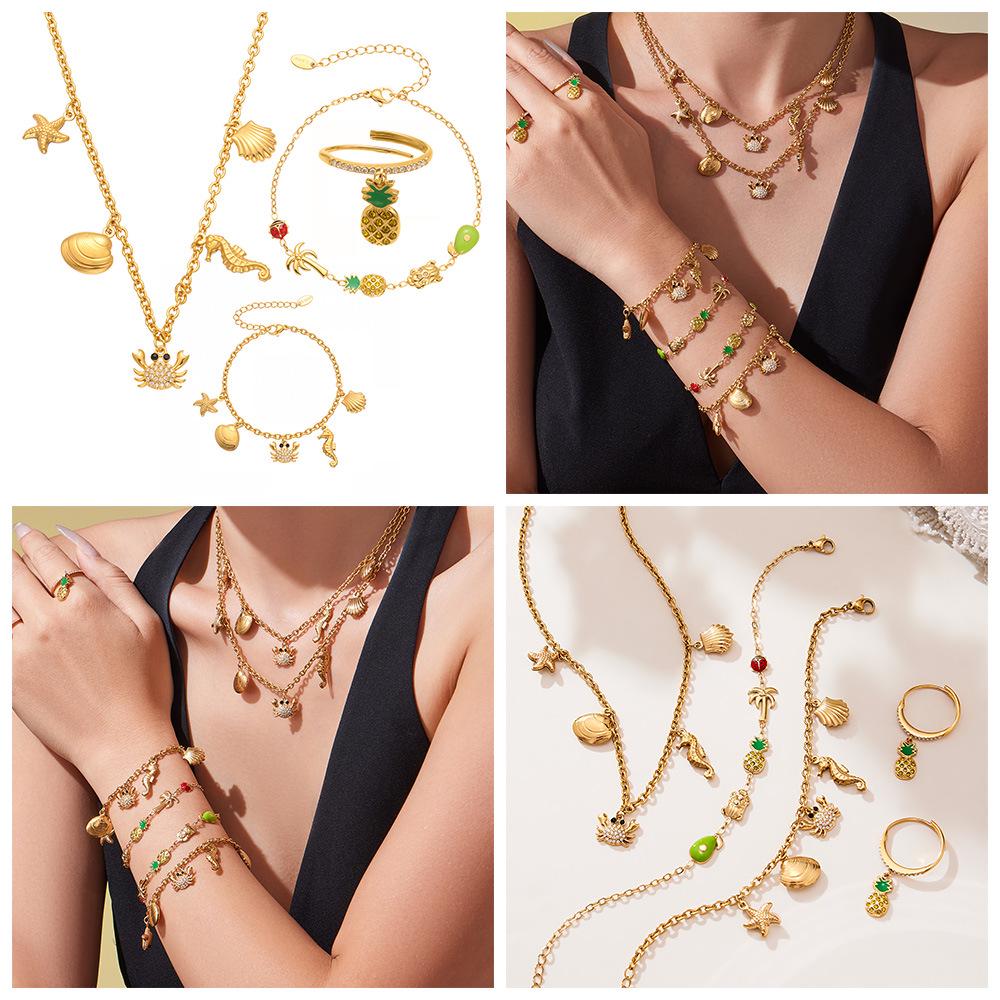 Oumeka Ocean Stainless Steel Zircon Crab Seashell Necklace & Bracelet Set