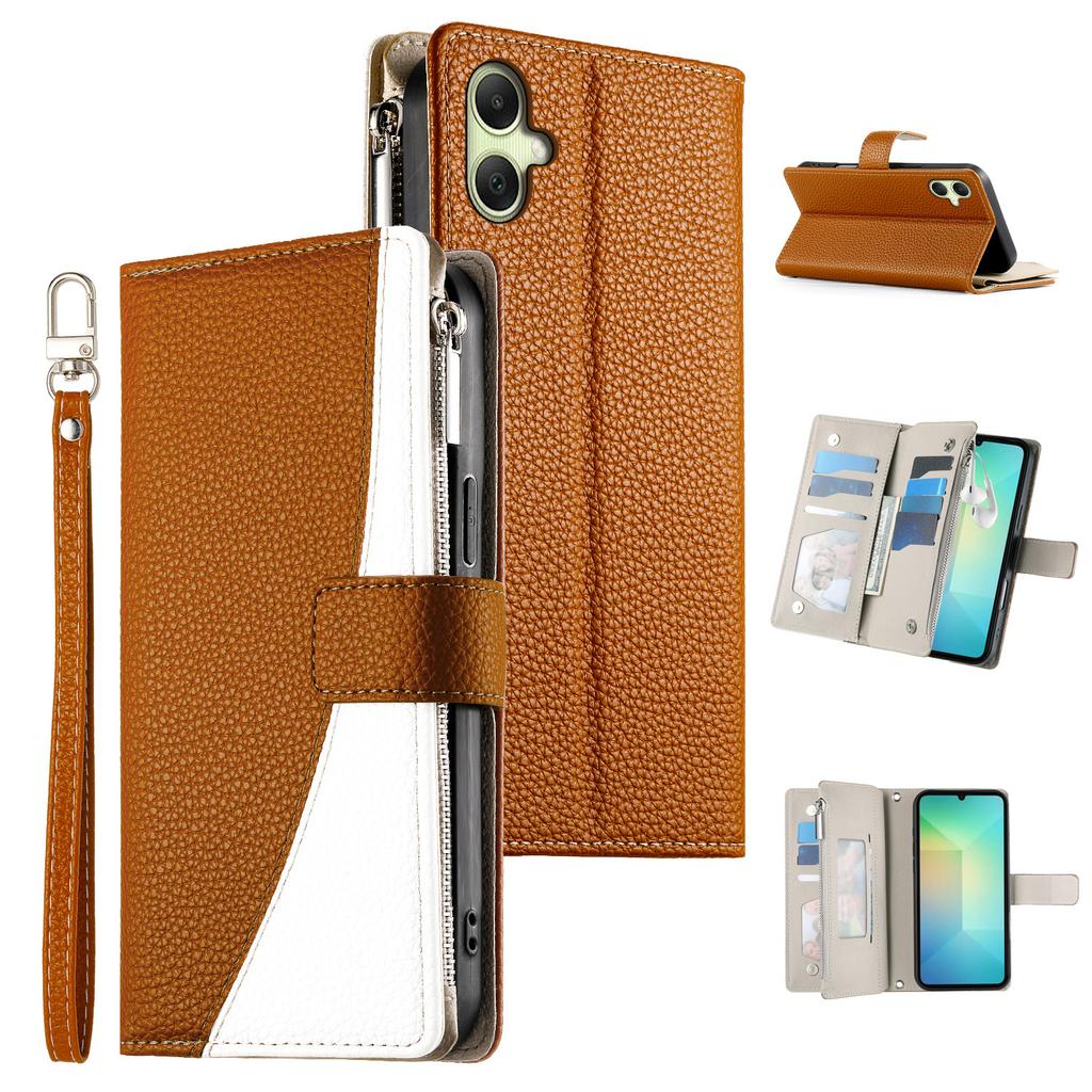 For Samsung Galaxy A07 4G Case Zipper Wallet Color Splicing Leather Flip Phone Cover with Straps