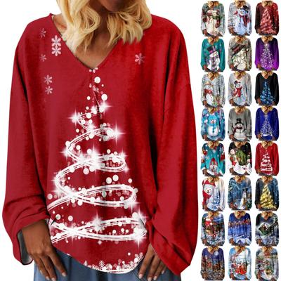 Women's Christmas Print V Neck Loose Long Sleeved T-shirt Straight Sleeves Tops For Women