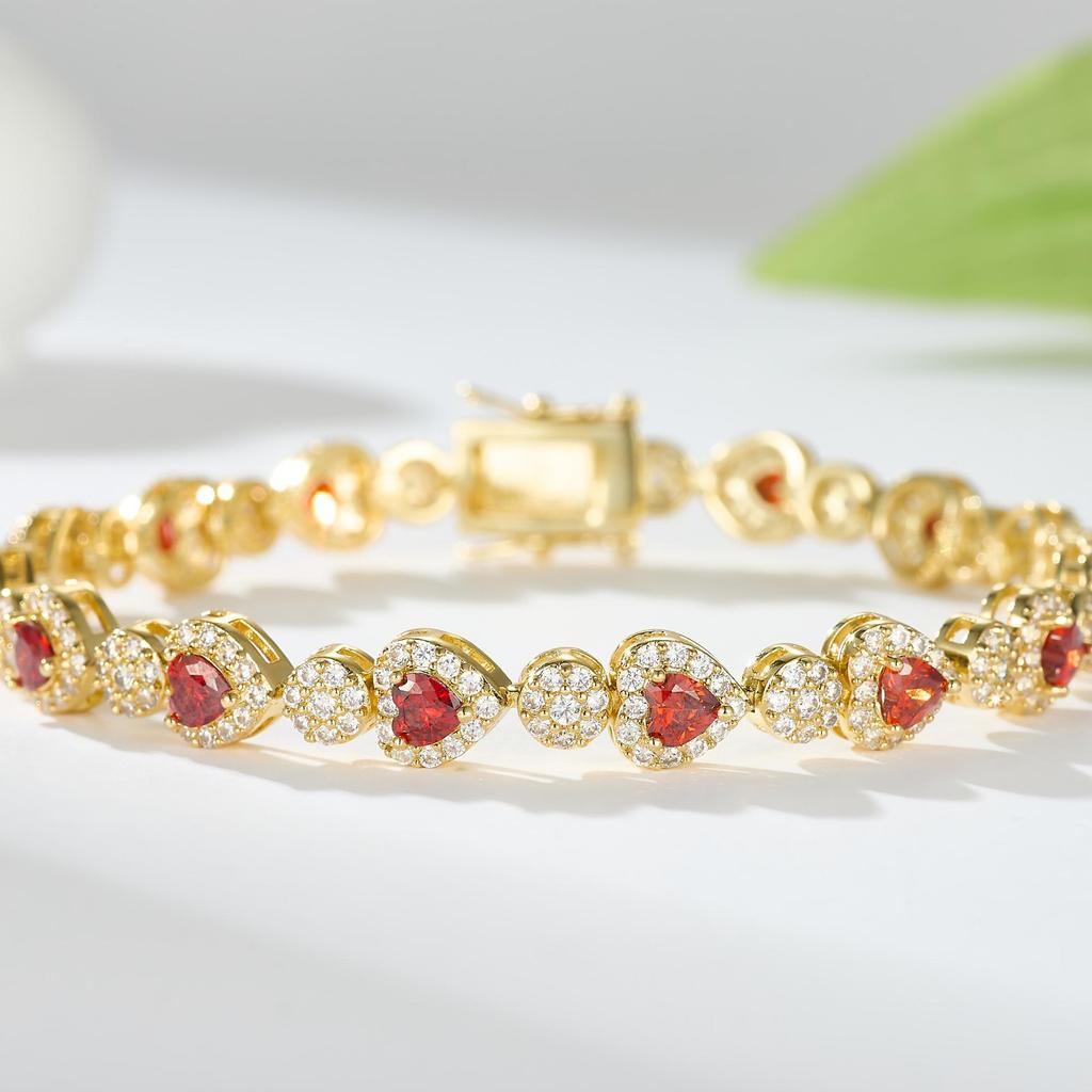 14K Gold Plated Garnet Heart Bracelet AAAAA Zircon Chain Link Bracelet for Women Jewelry Gift