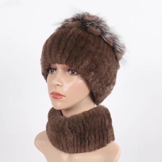 Knitted Women Warm Rex Rabbit Fur Hat Scarf Sets Winter Natural Rex Rabbit Fur Cap Scarves Russia Lady Fur Hats Muffler 2 Pieces