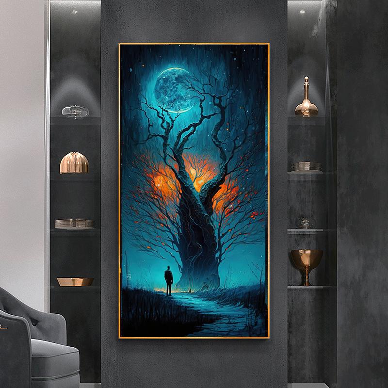 Mørk Skog Livets Tre Lerret Maleri Veggkunst Magisk Skog Landskap Plakater og Trykk for Veranda Stue Dekor Cuadros