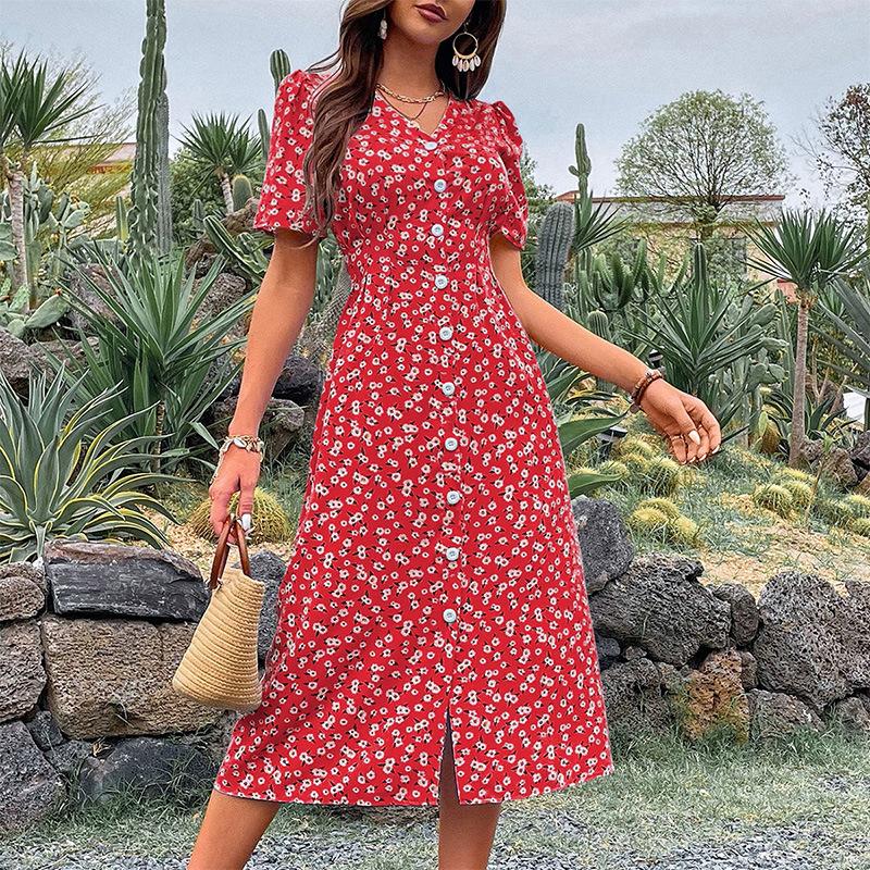 European And American Summer French Slit Skirt V-Neck Short Sleeve Floral Dress