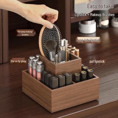 Rotating Wooden Makeup Storage Box with Lipstick and Brush Organizer