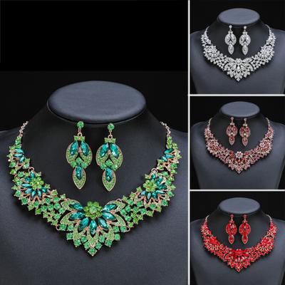 1 Set Earrings Necklace Set Elegant Green Faux Crystal Jewelry Set For Wedding