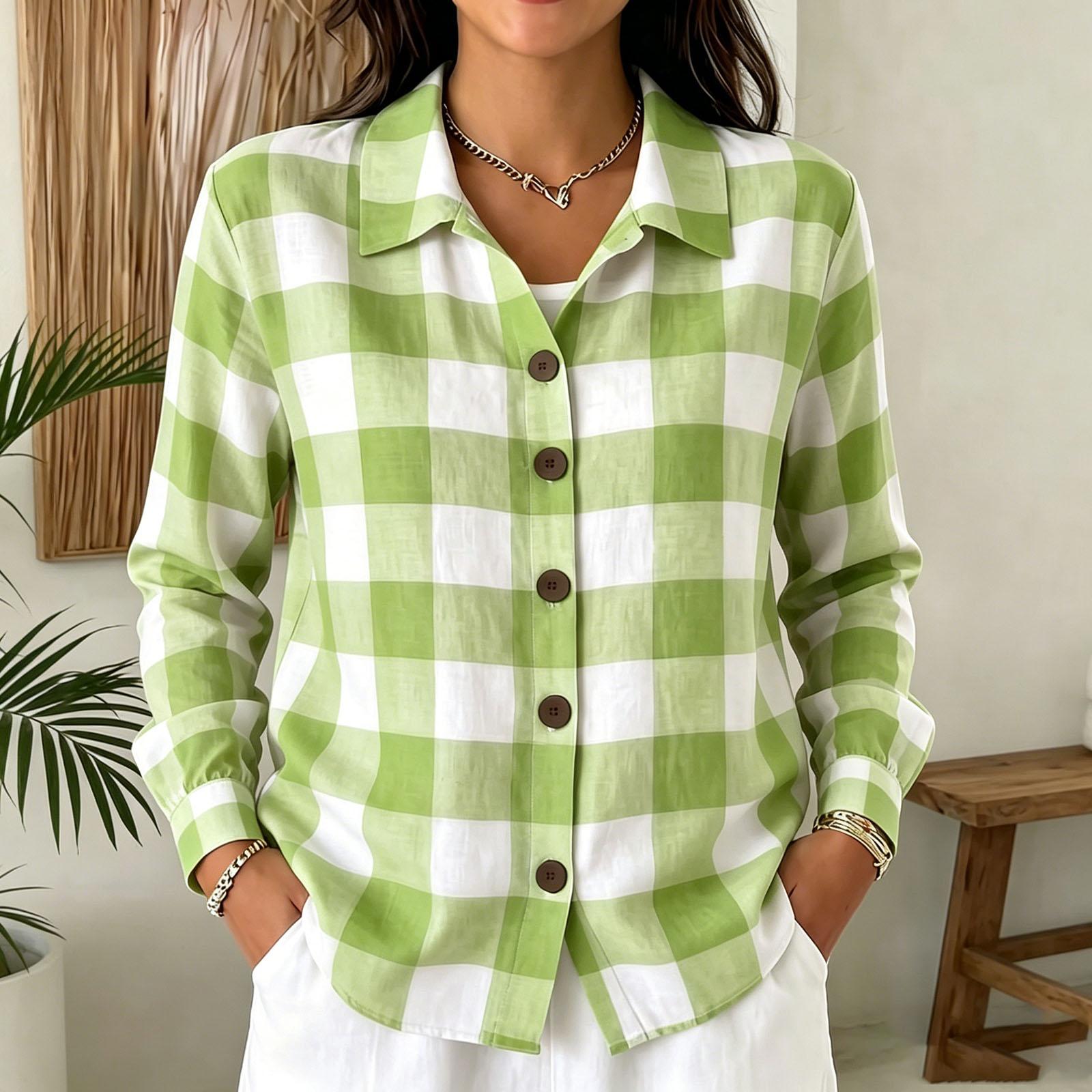Women s Casual Loose Fit Button Down Shirt Plaid Checkered V Neck Long Sleeve Lightweight Soft Fabric Comfortable Top L