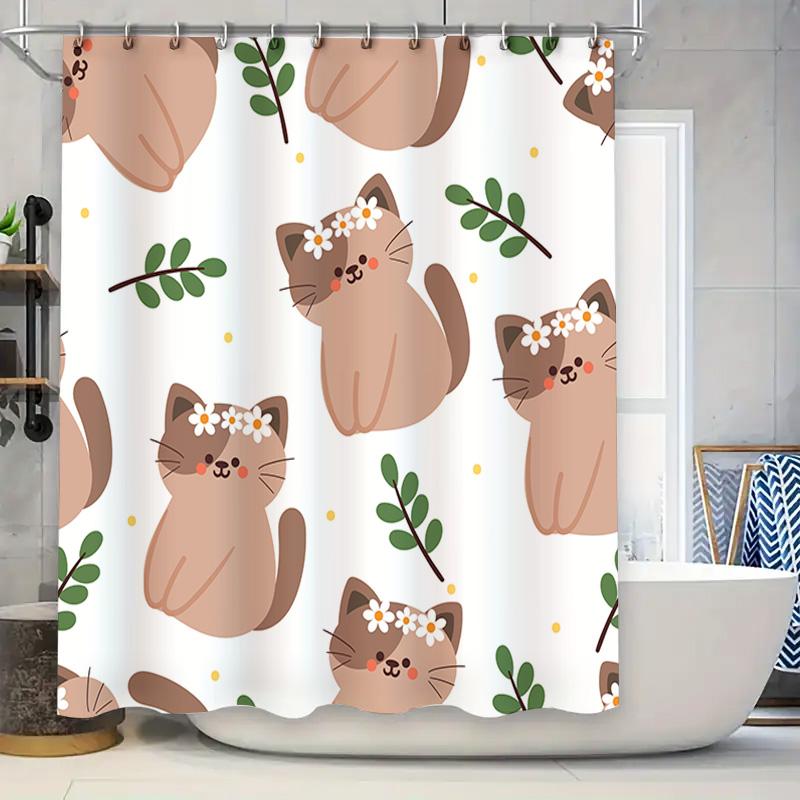 

Adorable Floral Cat Shower Curtain Pink Cats With Flowers Decorative Bathroom Decorations For Kids Bath Room Custom Size Availab W60H190(CM)-1 Pcs