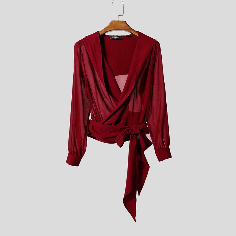 INCERUN Oversized Men V Neck Long Sleeve Bandage Transparent Loose Hooded Tops T-shirts