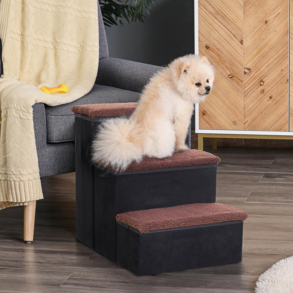 Pet Stairs Washable Fleece Faux Suede Cover 3 Step Dog Cat Foldable Portable Mobility Assistance 41 X 19cm Black