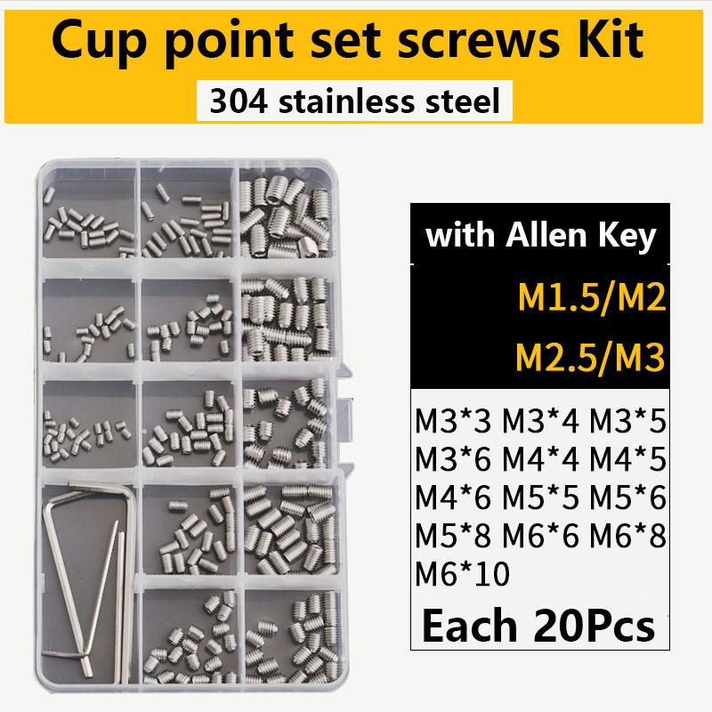 304 316 Stainless Steel Internal Hex Socket Drive Cone Dog Flat Cup Point Set Screw Assortment Kit Allen Head Grub Bolt