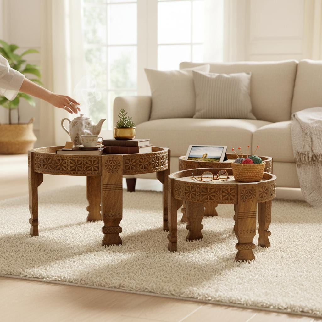 Wooden Round Side Carved Chakki Coffee Table, End Table Furniture | Bedside Shape Stool,Central Table-Brass Low Table Setof3, Grinder Table
