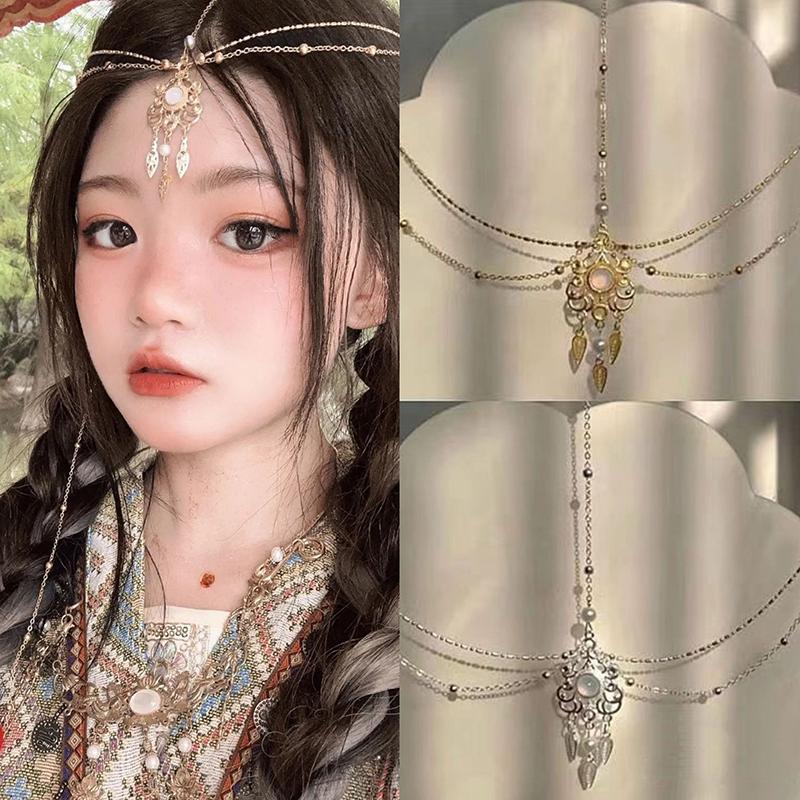 Vintage Hollow Geometry Flower Head Chain Hairbands Bride Hair Accessories Women Layered Tassel Headband Party Ornaments