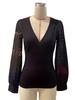 2025 Spring Women's Chiffon Patchwork Deep V Knit Long Sleeve Top