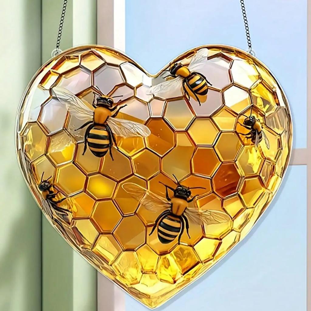 Cattura sole a forma di cuore a nido d'ape e ape, regalo unico da donna, regalo per appassionati di api, decorazione per la casa rurale, arte da parete,
