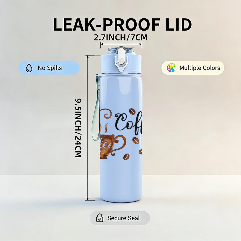 1PC Vintage Coffee Time Text 750ml Color Plastic Sports Water Bottle Leakproof Flip Straw Lid Suitable for Sports Office Home Use