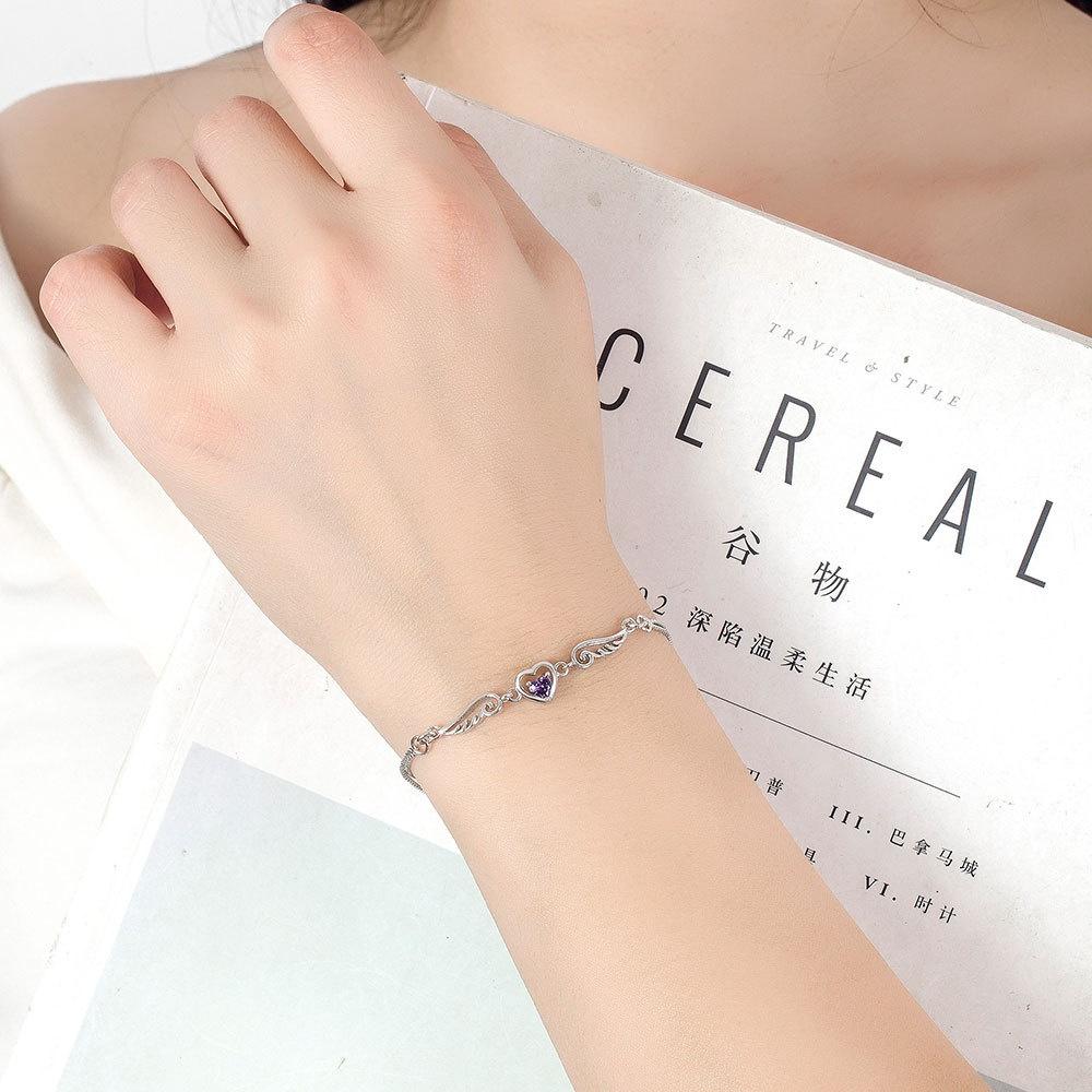 Charm Female White Purple Zircon Stone Skeleton Wing Heart Round Bracelet Silver Color Adjustable Wedding Jewelry For Women