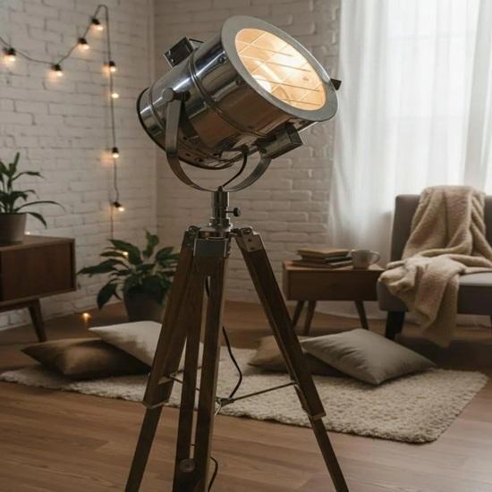 Industrial Steel Chrome Searchlight Floor Lamp: Nautical Spotlight on Adjustable Rustic Natural Wood Finish Tripod