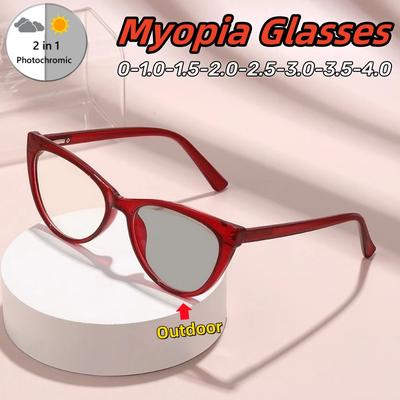 Photochromic Color-Changing Fashionable Ultra Light Myopia Glasses Retro Cat Eye Spring Leg Unisex Near Sight Eyeglasses