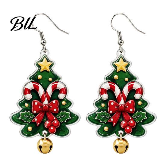 Cute Tree Pendant Earrings 1 Pair Acrylic Christmas Dangle Earrings, 2D Flat Xmas Bow Bell Candy Cane with Bell, Holiday Party Jewelry for Women Theme