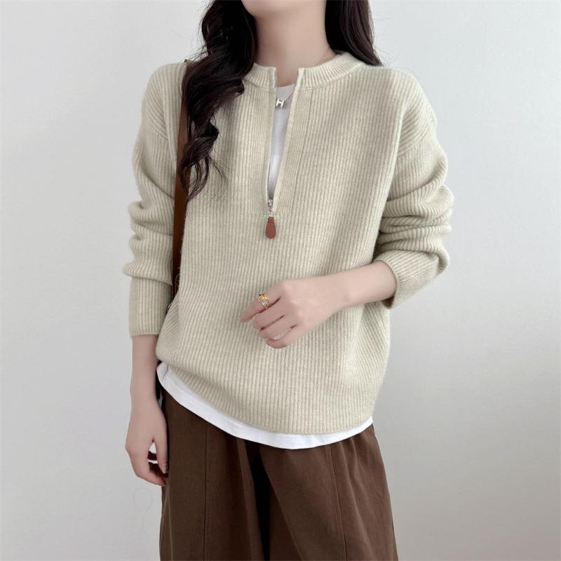 Lazy wind semi-zipper knitted bottoming shirt autumn and winter new high-end round neck pullover sweater women's outer top women