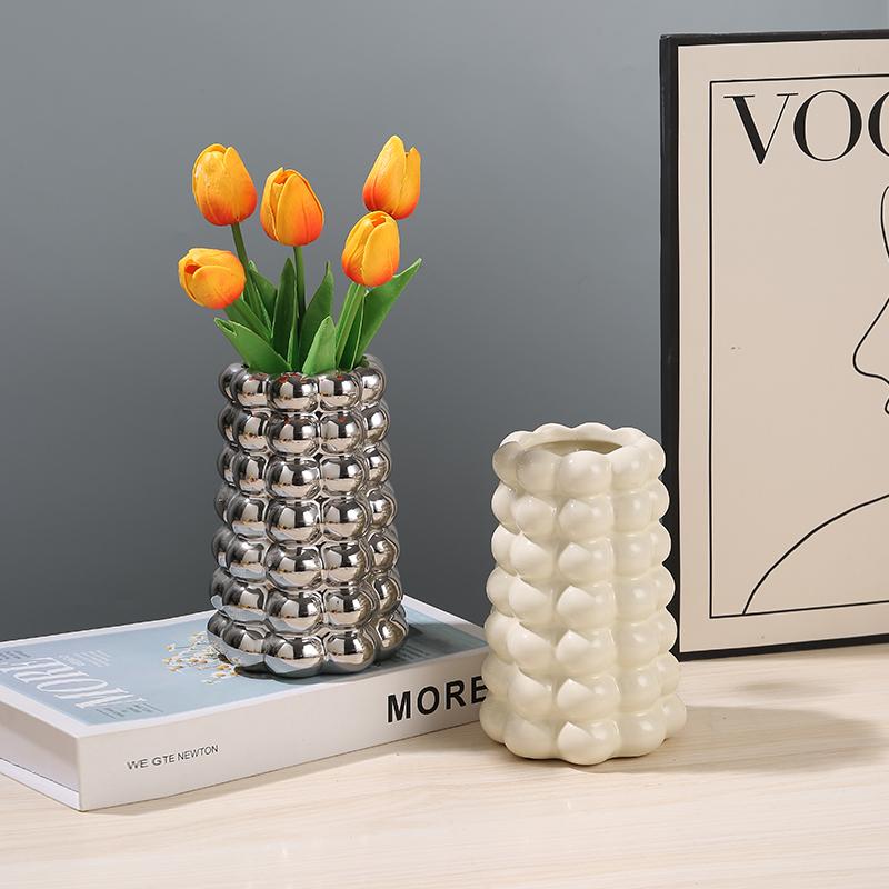 Creative Electroplated Silver, Milky White Vase, Ceramic Living Room Flower Arrangement Table Decor Light Luxury Style Vase, 1Pc