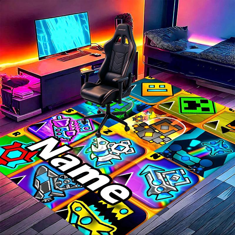 Custom Name Personalized Geometry Dash Print Carpet, Versatile Home Decor Rug, for Playroom, Apartment, Balcony, Entryway, Hallway Gift