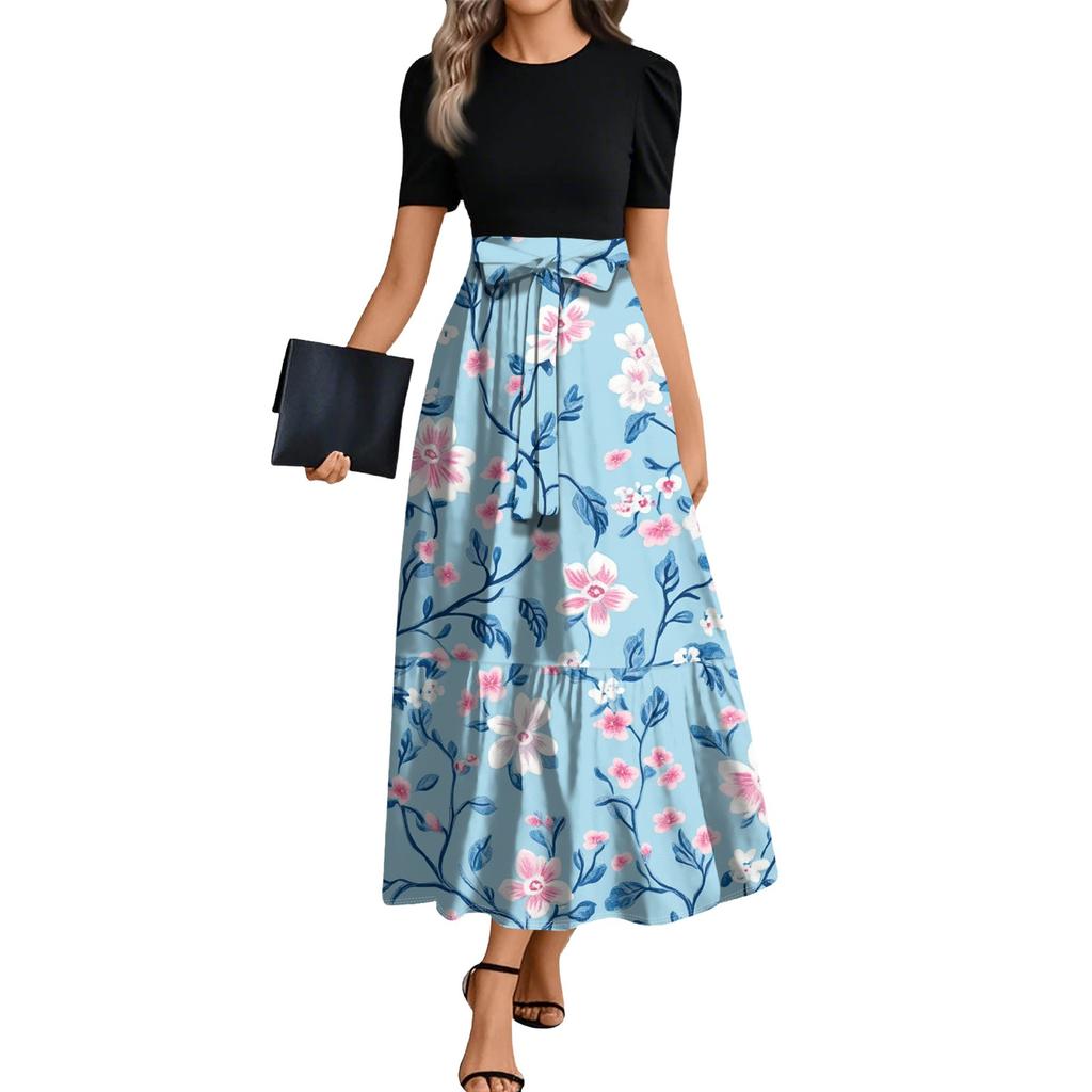 Ladies Fashion Casual Belt Short Sleeve Round Neck Floral Print Splicing Elegant Temperament Dress
