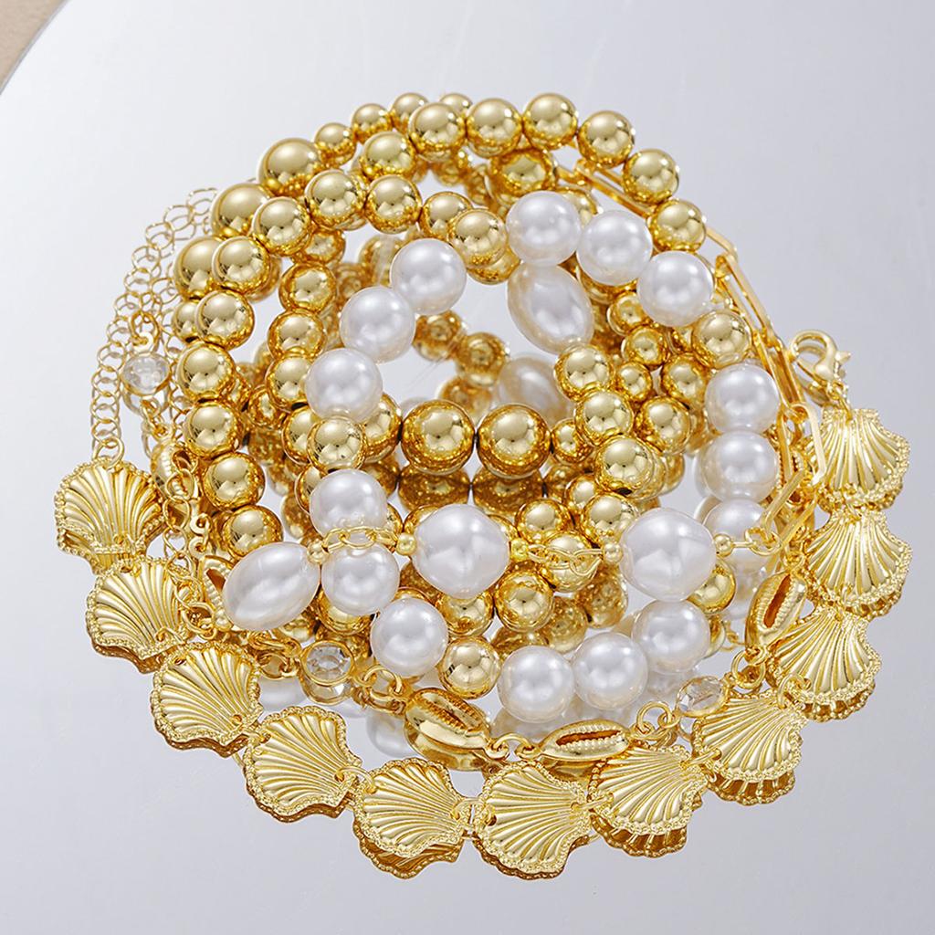 7-teilige Perlenarmbänder mit Imitationsperlen für Damen, Bohemian, goldfarben, Muschel, Zirkon, Armband-Sets, Schmuckgeschenke für den Sommerurlaub