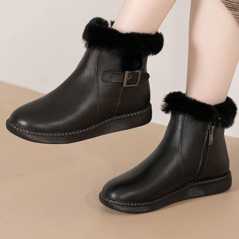 Fashion Leather Flat Waterproof Round Toe Women's Snow Boots Trend 2025 Booties Sale Furry Work Comfortable and Elegant Hot Ladies Shoes