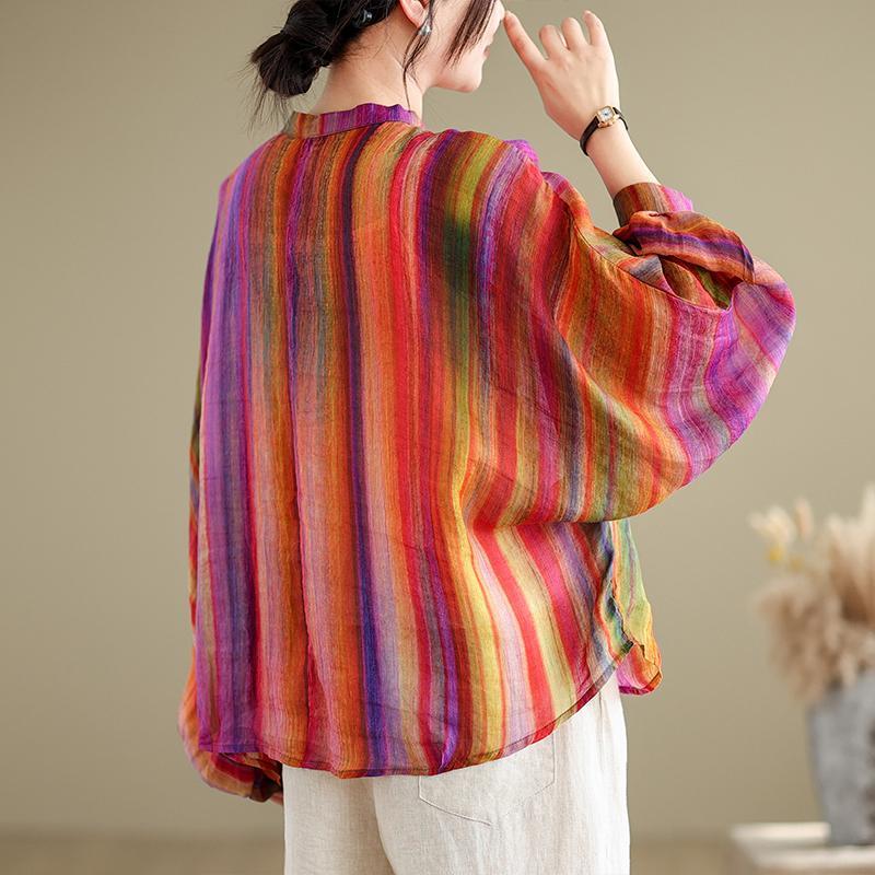 Spring Autumn New Round Neck Long Sleeve Fashion Shirt Women Casual Striped Patchwork Button Cardigan Elegant Cotton Hemp Tops