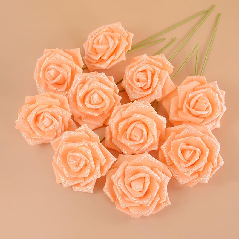 10/20Pcs Artificial Rose Flowers with Stem Foam Glitter Fake Flower Bouquet Wedding Party Centerpieces Home Garden Decoration