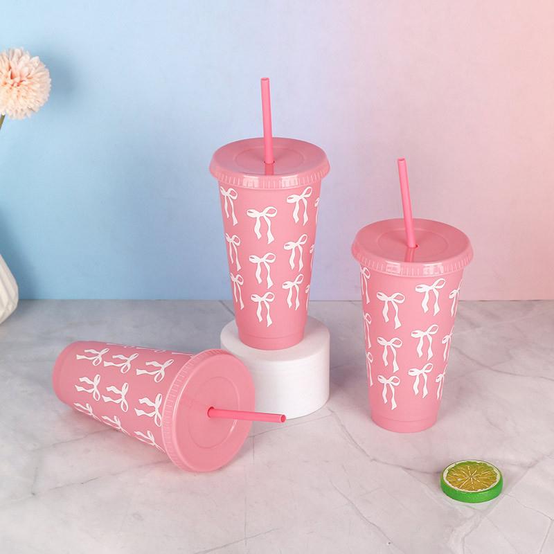 1 Piece Large Capacity Water Bottle Kawaii Bow Water Cup With Lid Straw For Girls Coffee Milk Tea Plastic Cold Drink Cup