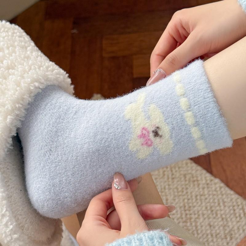 Plush Socks Thickened Warm Tube Socks Blue Home Sleeping Socks Cute Puppy Cartoon Confinement Socks