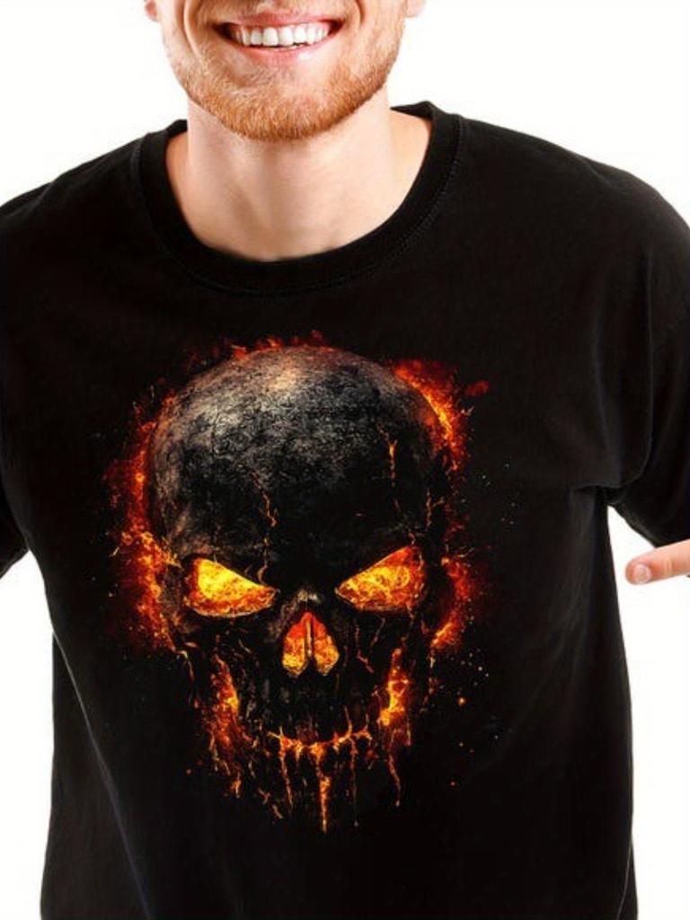 Men'S & Women'S Flaming Skull for halloween T-Shirt with Glowing Eyes & Orange Flame - Soft Stretchy