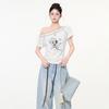 Korean White Slanted Shoulder Off-the-shoulder Printed Short-sleeved T-shirt Women's Summer New Design Loose Shirt Top