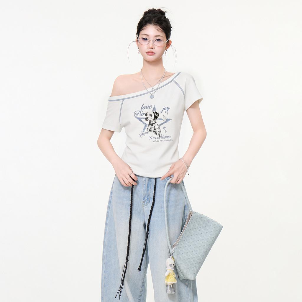 Korean White Slanted Shoulder Off-the-shoulder Printed Short-sleeved T-shirt Women's Summer New Design Loose Shirt Top