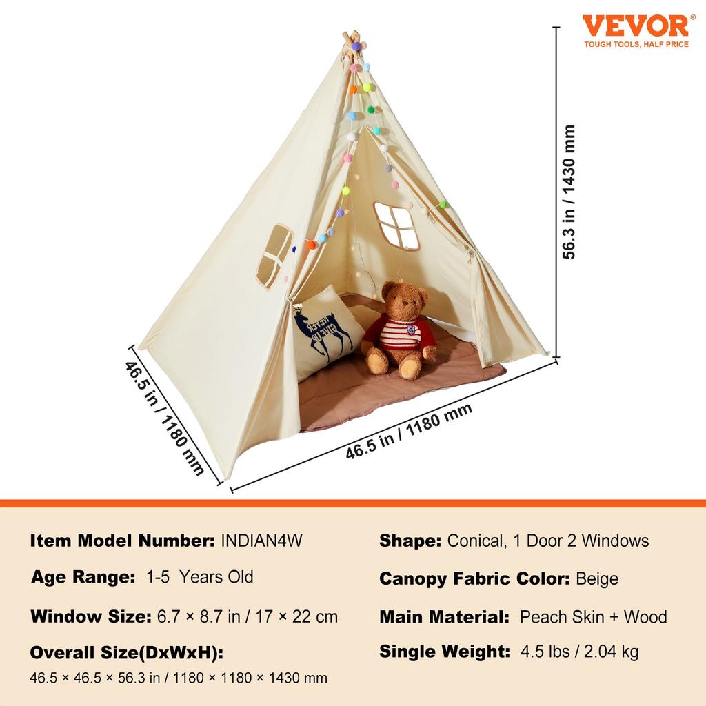 VEVOR Kids Play Tent, Teepee Tent for Kids 1-5 Years Old, Toddler Tent with Mat and Plush Decorative Balls