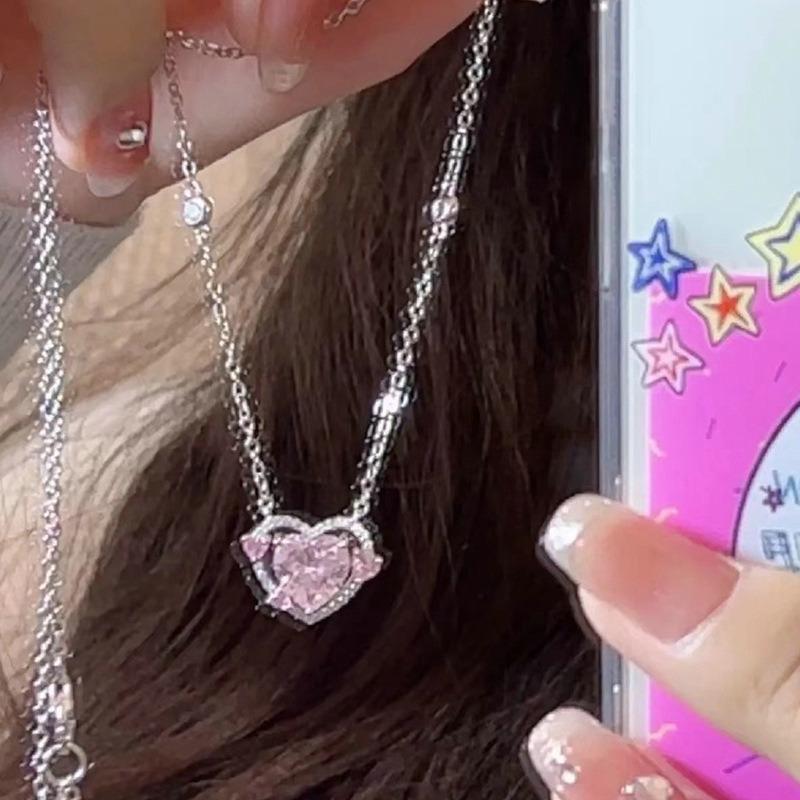 Korean Fashion Pink Crystal Heart Pendant Necklaces Women Girls Y2K Sparkling Rhinestone Fairy Clavicle Chain Jewelry Gifts