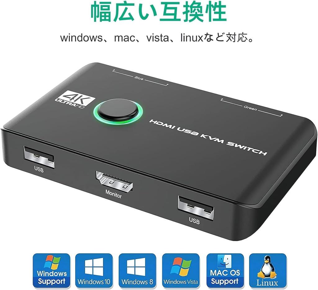 KVM Switch with HDMI 4K@60Hz support and USB 2.0 Switch, for 1 Monitor/2 PCs, Shares Keyboard, Mouse, and Printer, USB Switcher, Switches between 2 PC