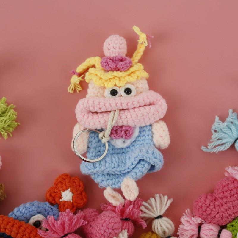Funny Crochet Keychains Knitting Cute Sausage Mouth Doll Key Holder Knitted Storage Bag Keyrings For Car Keys Custom
