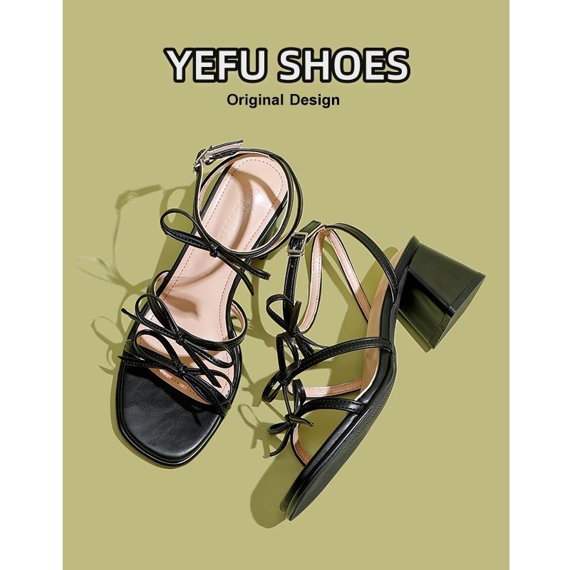 High-heeled thick-heeled summer 2024 new square-headed open-toed one-word strap niche versatile bow sandals women