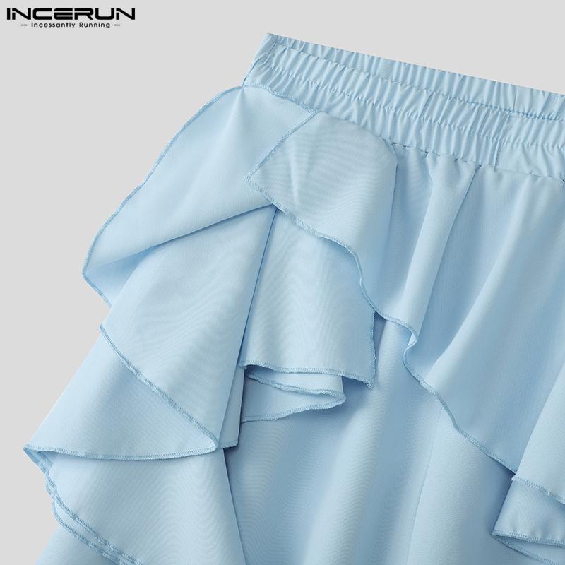 INCERUN Herrenhose mit elastischer Taille, einfarbig, unregelmäßige Rüschen, lange Hose