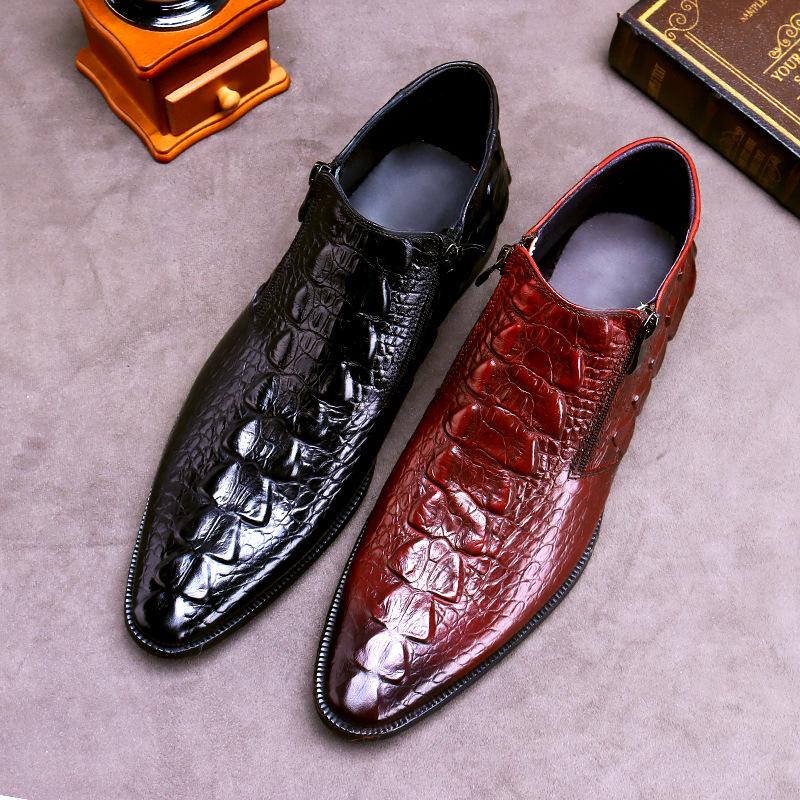 Fashion 2025 Winter New Short Boots Men'sCrocodile Grain Leather High-Top Shoes Zipper Warm Cowhide Leather Boots Round Toe Oxfords