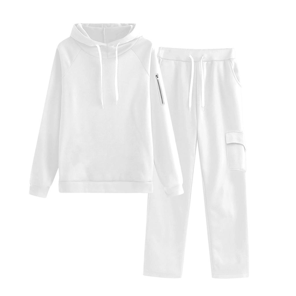 Women's Fashionable Loose Zipper Pocket With Shoulder Sleeves Hoodie And Pants Two-Piece Set