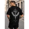 Men's Black Oversized Short Sleeve T-shirt with Crew Neck, Soft Cotton Feel, Featuring Bold Back Graphic of Wings and Compass with 'Rise Above' Text,
