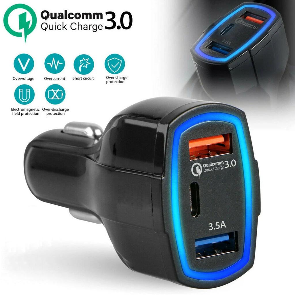 Smart Car Charger With Three USB QC 3.0 Type C Fast Charging Heads