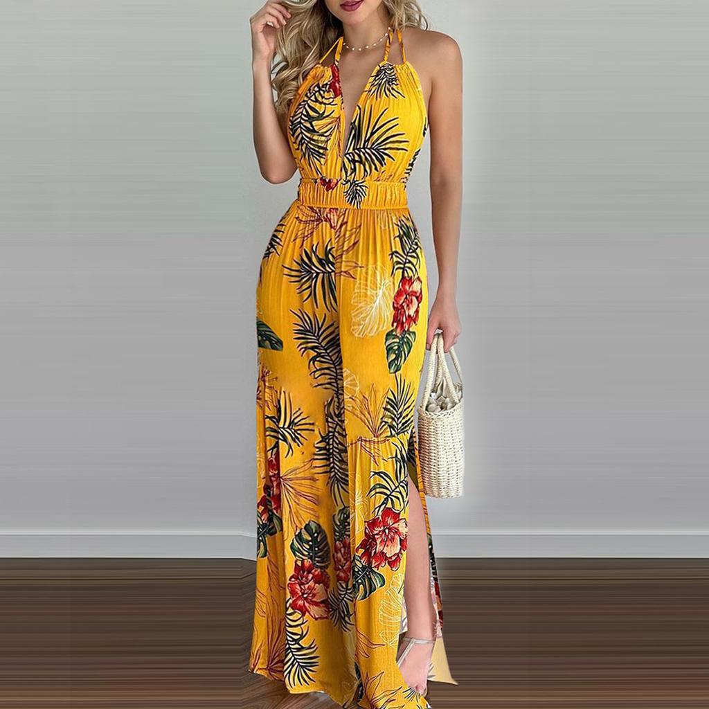 Fashion Tropical Print Halter Jumpsuit Women Backless Elastic Waist Wide Leg Beach Romper