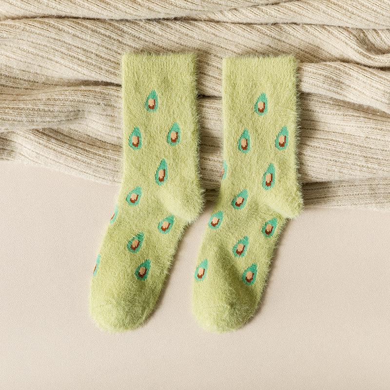 Female Autumn and Winter Plus Velvet and Thick Warm Mink Velvet Warm Fruit Strawberry Deodorant Tube Socks